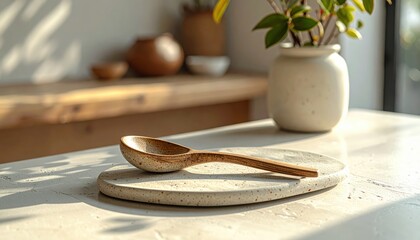 Elegant Wooden Spoon Resting on Textured Ceramic Surface with Natural Light and Indoor Plants