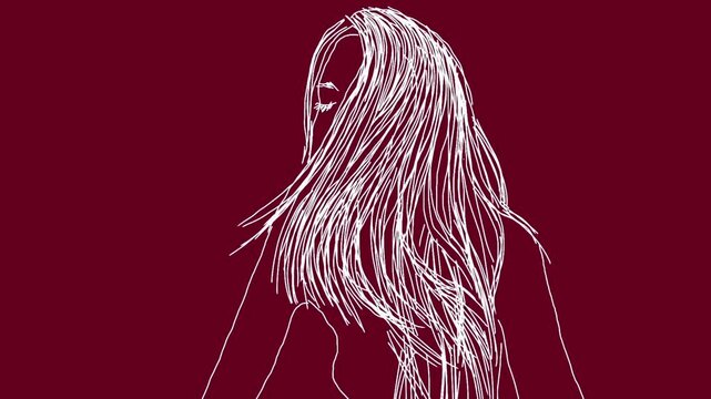 2D animation of Portrait of a young woman shaking her head from side to side and long hair on slow motion.