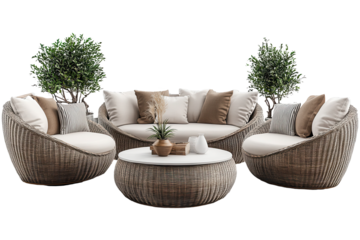 Outdoor patio set featuring a comfortable seating arrangement with plants, perfect for relaxing on sunny days in a serene environment