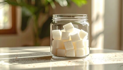 Glass jar with white sugar cubes on countertop illuminated by natural light indoors