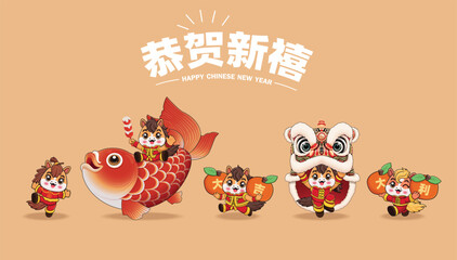 Vintage Chinese new year poster design with horse character. Chinese wording means Happy new year, Great fortune and great favor