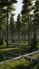 Fototapeta premium Peaceful sunlit forest scene with tall trees and reflective water.
