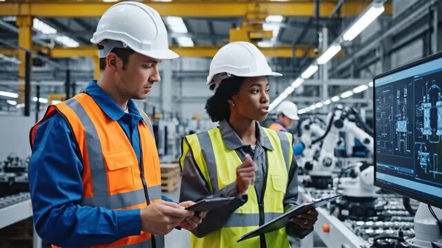 Engineers Inspecting Automated Factory - Two engineers wearing hard hats and safety vests review a design schematic on a monitor in an automated manufacturing plant.