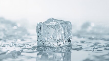 Obraz premium A solitary ice cube floating on water surface with ripples and reflections. Cold and refreshing, the concept of purity, winter, and climate phenomena.