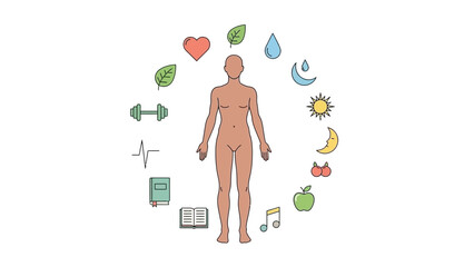 A human figure surrounded by healthy lifestyle icons including fruits exercise and wellness symbols