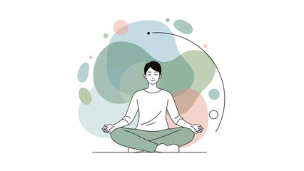 A serene woman meditates in lotus position with eyes closed in front of abstract colorful circles background