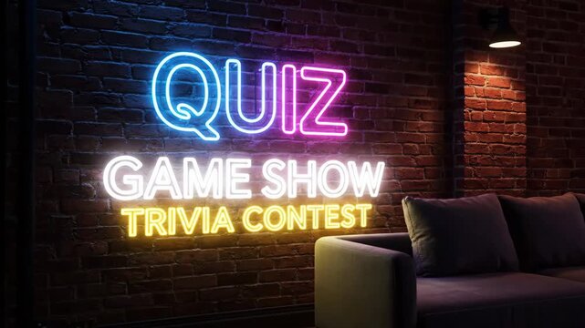 Neon Quiz Game Show Set - The video shows a brick wall with the words "Quiz", "Game Show", and "Trivia Contest" displayed in neon lights with a sofa against the wall.