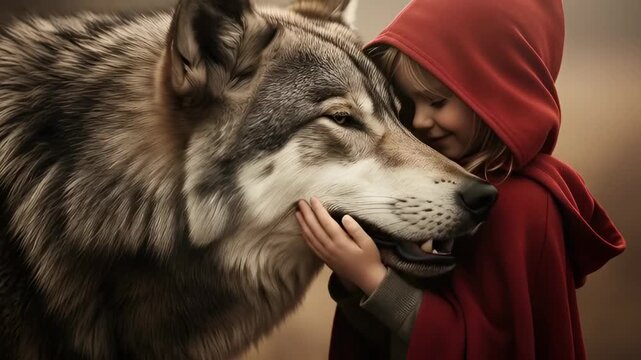Small blonde girl in a red riding hood cloak gently touching a wolf&rsquo;s muzzle, portraying a bonding moment between child and animal