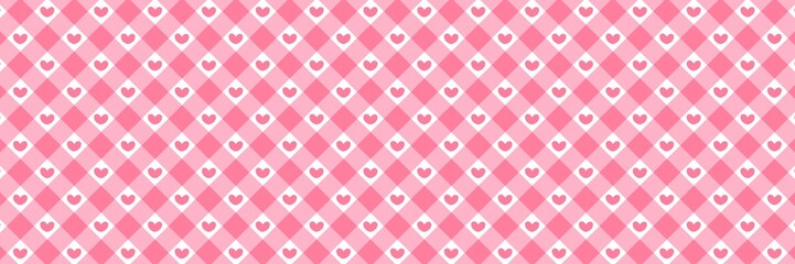 Pink gingham seamless pattern banner with cute hearts. Romantic checkered background for Valentine's Day, wedding invitations, and feminine designs.