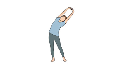 Woman in a dynamic stretching pose with arms raised overhead in a fitness or yoga setting for health and wellness