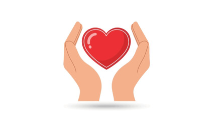 Hands cradling a red heart symbol on white background representing love care and health