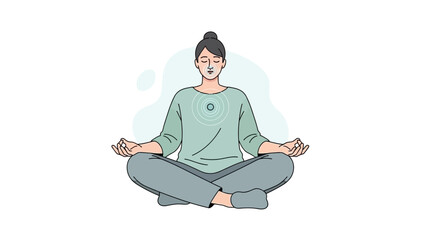 Woman sitting in lotus position with eyes closed meditating peacefully in a serene environment with a calming