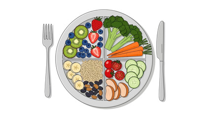 Balanced diet plate with fruits vegetables nuts and healthy food groups on a white background