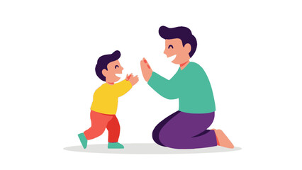 A man and a child are playing together with their hands up in a fun moment with happy
