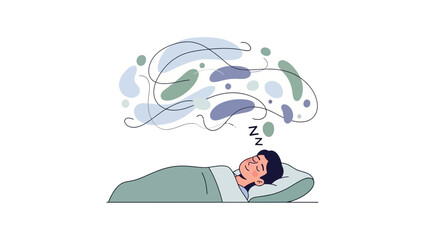 A man sleeps peacefully with a serene expression and thought bubbles floating above his head