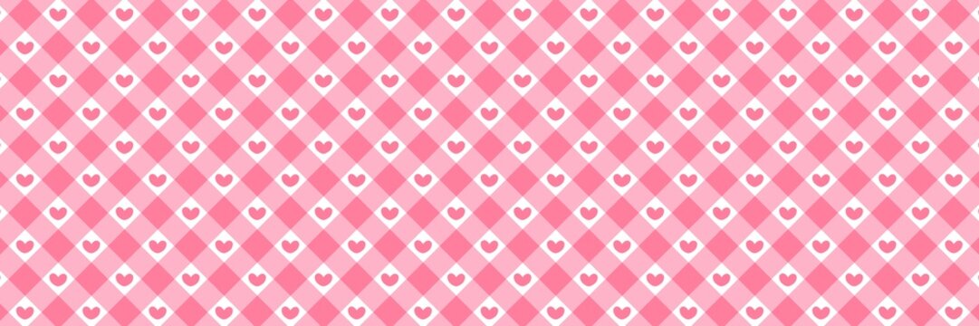 Pink gingham seamless pattern banner with cute hearts. Romantic checkered background for Valentine's Day, wedding invitations, and feminine designs.