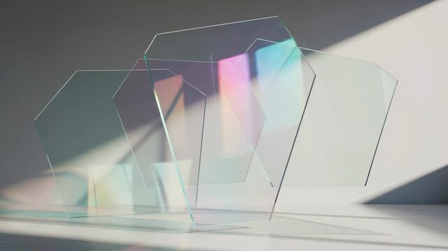 Set of translucent glass awards with prism light reflections.