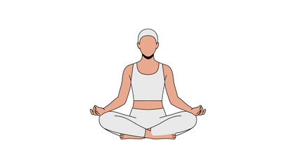 A serene woman in white athletic wear sitting in lotus position with eyes closed in meditation on a plain