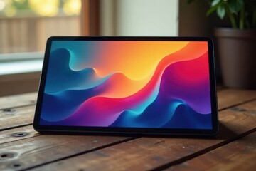 Modern smart tablet landscape on weathered wood tabletop, device mock up, office