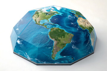 A 3d earth globe illustration of the world features blue oceans and green continents Hexagon Shaped.