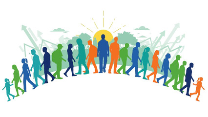 A group of diverse people walking together towards a bright sunny future with arrows pointing upwards