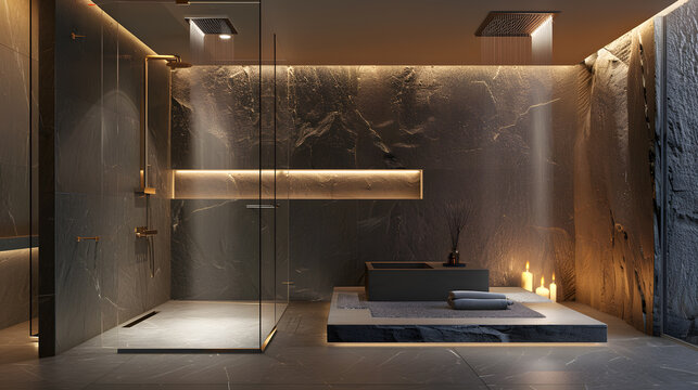 modern shower bathroom interior, walk-in shower, glass partition, stone tiles, minimalist luxury, soft indirect lighting, ultra realistic interior photo - Powered by Adobe