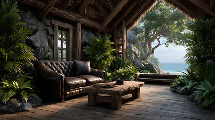 Obraz premium Luxury tropical resort hotel with palm trees, wooden tables and chairs by the pool near the sea