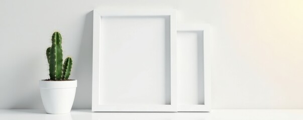 Modern white frame mockup, small cactus, white backdrop, design, cactus, template