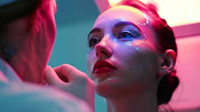 Close-up of model receiving dramatic colorful stage makeup from professional artist.