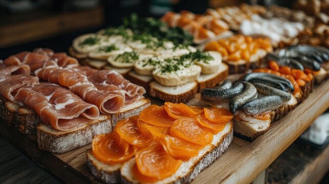 Assortment of Open Faced Sandwiches Smorgasbord Featuring Cured Meats Seafood and Vegetables on Rustic Bread in Warm Lighting