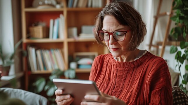 AMD/Low Vision Awareness Month: scene of middle-aged woman using electronic magnifier device to read tablet computer, contemporary home office, natural daylight, warm color palette