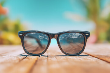 Black sunglasses placed on wooden surface in outdoor setting