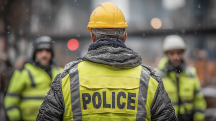 Man in yellow vest with police written on back at construction site