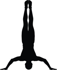 Fototapeta premium Silhouette of a person performing a headstand yoga pose with straight legs and arms balanced for core strength and fitness (Exactly 20 words)