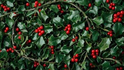 Holly plant with green leaves and red berries, festive, Christmas decoration, nature, botanical, holiday, foliage, winter, evergreen, plant parts.