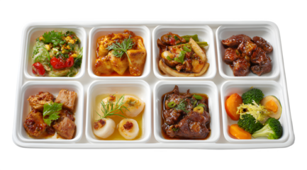 Variety of delicious meals in compartmentalized tray