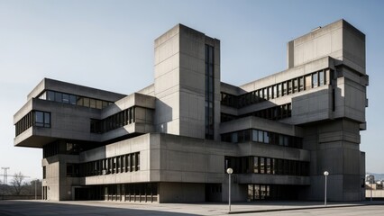 Brutalist Concrete Government Building with Stacked Volumes.