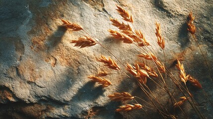 Golden Wheat Spikelets on Rough Rock Texture Background Still Life