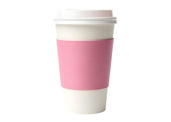 Disposable white coffee cup with pink sleeve and lid on white background
