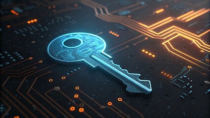 Glowing blue key on a dark circuit board background with orange lights, symbolizing digital security and technology