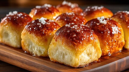Delicious Glazed Dinner Roll with Sea Salt on Wooden Board Food