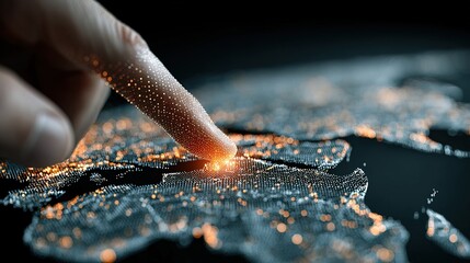 Futuristic Digital Finger Touching Illuminated World Map Connection Network