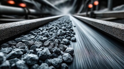 Industrial Conveyor Belt Transporting Crushed Rock Aggregate Material Close Up