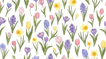 A beautiful seamless pattern of watercolor spring flowers in bloom