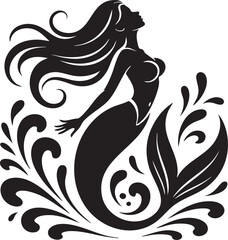 Fototapeta premium Mermaid silhouette with flowing hair and decorative tail surrounded by elegant floral elements on a white background, creating a captivating and enchanting visual representation ideal for various desi