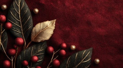 Elegant Detailed Leaves and Berries with Gold Accents Luxurious Still Life