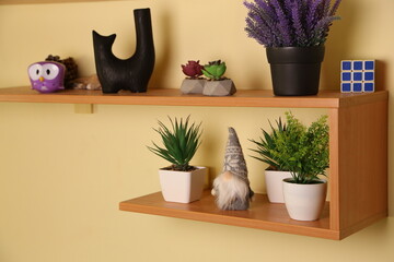 Decorative shelf with plants and objects in a room setting during daytime