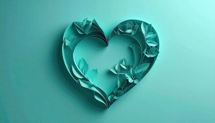 Intricate Paper Craft Heart Design with Leaves and Flowers on Soft Teal Background