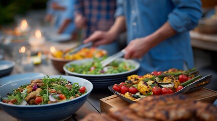 Friends setting up an outdoor barbecue, preparing a colorful spread of fresh salads and grilled vegetables, looking forward to a delightful evening filled with good food and laughter. cinematic