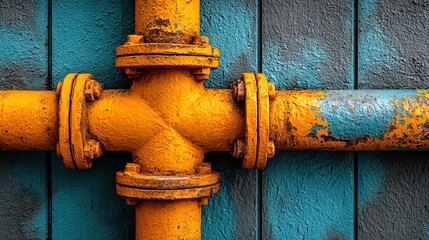 Textured Industrial Yellow Painted Pipe Fitting Against Rustic Blue Wall